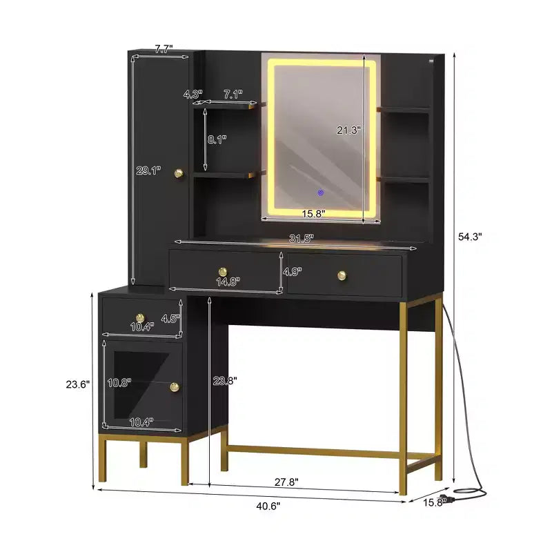 Coiffeuse Lumineuse, Coiffeuse avec Tabouret, Table de Maquillage Moderne, 3 Tiroirs, Armoire Étagères Ouvertes pour Chambre à Coucher