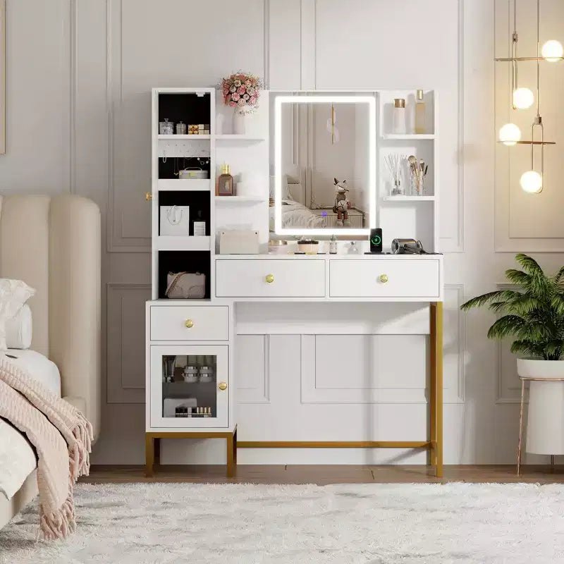 Coiffeuse Lumineuse, Coiffeuse avec Tabouret, Table de Maquillage Moderne, 3 Tiroirs, Armoire Étagères Ouvertes pour Chambre à Coucher