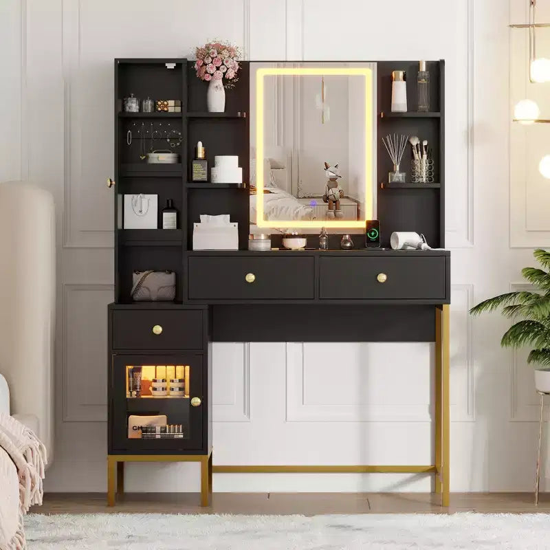 YESFASHION Makeup Vanity with Lights, Vanity Desk with Stool, Modern Dressing Table, 3 Drawers, Cabinet Open Shelves for Bedroom