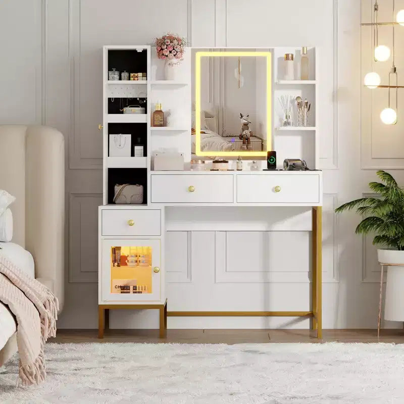 Coiffeuse Lumineuse, Coiffeuse avec Tabouret, Table de Maquillage Moderne, 3 Tiroirs, Armoire Étagères Ouvertes pour Chambre à Coucher