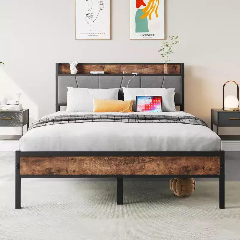 CLIHOME Heavy Duty Metal Upholstered Platform Bed Frame, Storage Headboard with Charging Station, No Box Spring Needed