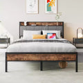 CLIHOME Heavy Duty Metal Upholstered Platform Bed Frame, Storage Headboard with Charging Station, No Box Spring Needed