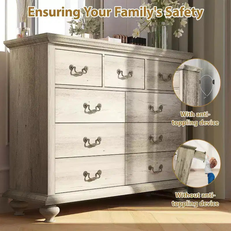 Commode à 9 tiroirs pour chambre à coucher, commode en bois avec grands tiroirs et poignées en métal