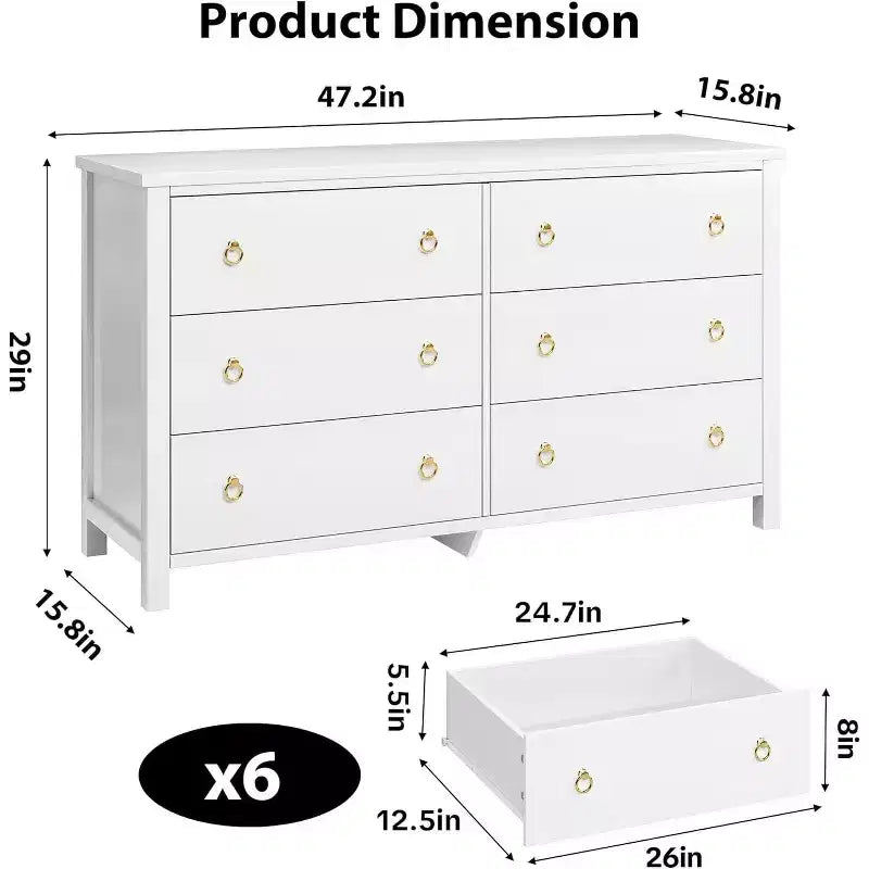 Commode à 6 tiroirs pour chambre à coucher, 120 cm de large, commode en bois, commode à tiroirs larges et modernes, pour chambre à coucher, salon, blanc