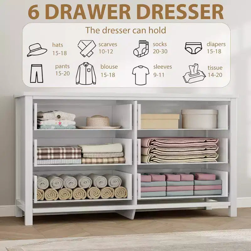 Commode à 6 tiroirs pour chambre à coucher, 120 cm de large, commode en bois, commode à tiroirs larges et modernes, pour chambre à coucher, salon, blanc