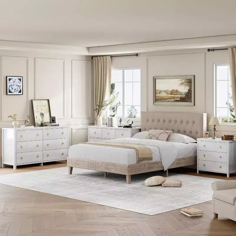 Commode à 6 tiroirs pour chambre à coucher, 120 cm de large, commode en bois, commode à tiroirs larges et modernes, pour chambre à coucher, salon, blanc