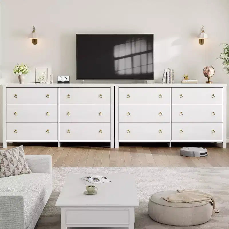 Commode à 6 tiroirs pour chambre à coucher, 120 cm de large, commode en bois, commode à tiroirs larges et modernes, pour chambre à coucher, salon, blanc
