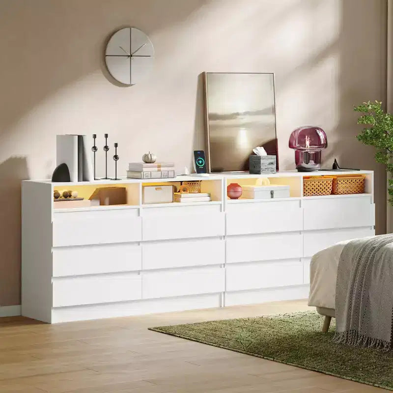 Commode 6 tiroirs, commode LED blanche avec station de charge, fixations murales incluses, bande lumineuse réglable 6 couleurs, convient pour chambre à coucher, salon