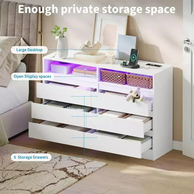 Commode 6 tiroirs, commode LED blanche avec station de charge, fixations murales incluses, bande lumineuse réglable 6 couleurs, convient pour chambre à coucher, salon