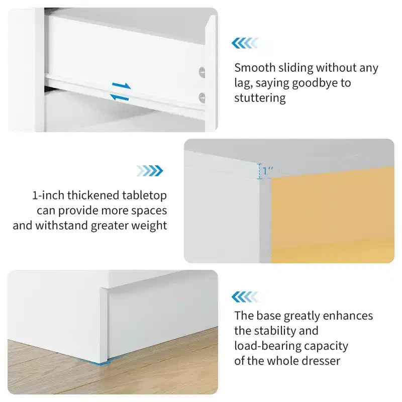 Commode 6 tiroirs, commode LED blanche avec station de charge, fixations murales incluses, bande lumineuse réglable 6 couleurs, convient pour chambre à coucher, salon