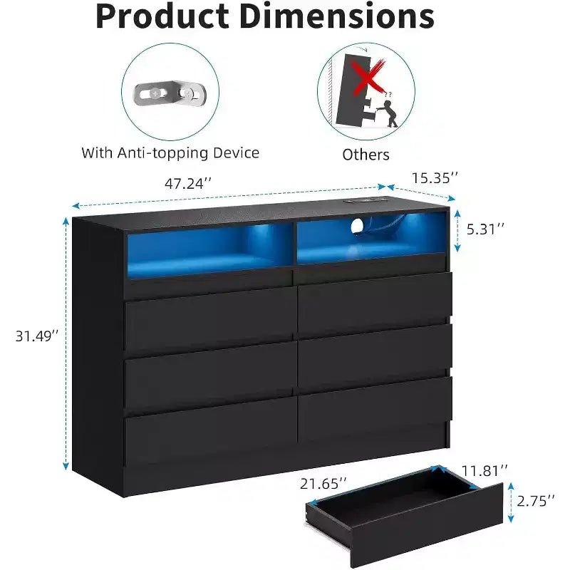 Commode 6 tiroirs, commode LED blanche avec station de charge, fixations murales incluses, bande lumineuse réglable 6 couleurs, convient pour chambre à coucher, salon