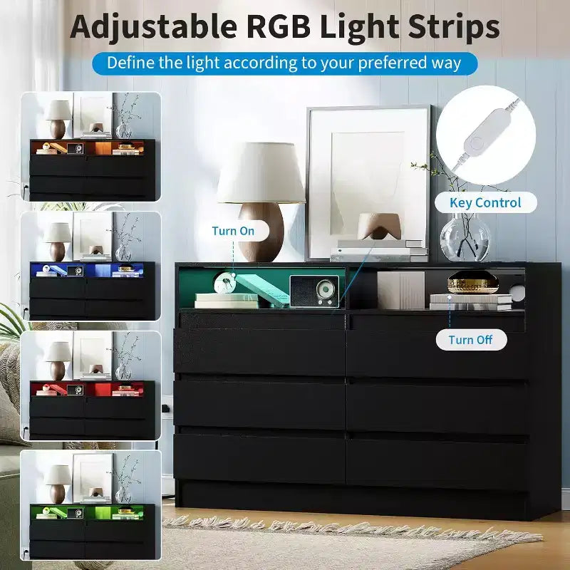Commode 6 tiroirs, commode LED blanche avec station de charge, fixations murales incluses, bande lumineuse réglable 6 couleurs, convient pour chambre à coucher, salon
