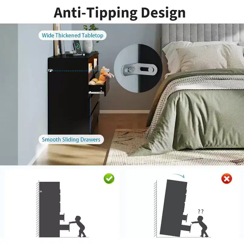 Commode 6 tiroirs, commode LED blanche avec station de charge, fixations murales incluses, bande lumineuse réglable 6 couleurs, convient pour chambre à coucher, salon