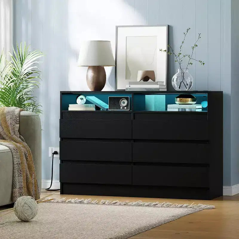 6 Drawer Dresser, White LED Dresser with Charging Station, Anchors to Wall, 6-Color Adjustable Light Strip, Suitable for Bedroom, Living Room