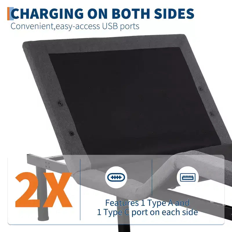 Cadre de lit ajustable, Sommier électrique avec massage, Inclinaison tête et pieds, Télécommande sans fil, 2 ports USB intégrés, Veilleuse LED