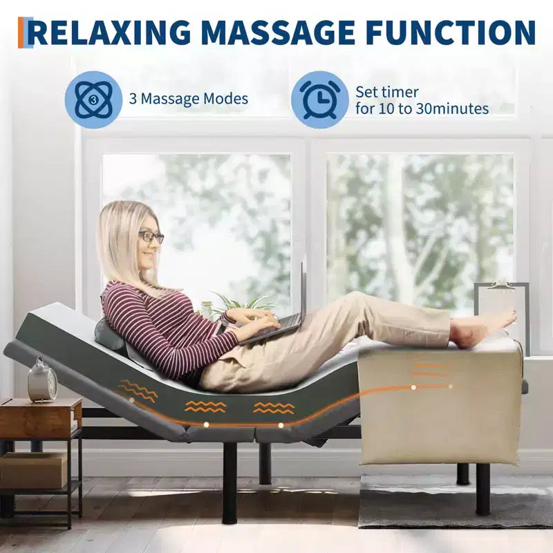 Cadre de lit ajustable, Sommier électrique avec massage, Inclinaison tête et pieds, Télécommande sans fil, 2 ports USB intégrés, Veilleuse LED