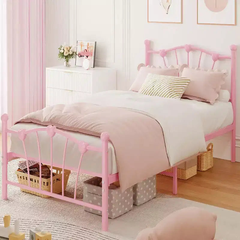 Twin Size Bed FrameHeart-Shaped Metal Bed Frame with Headboard/Footboard & Underbed StorageNo Box Spring Needed