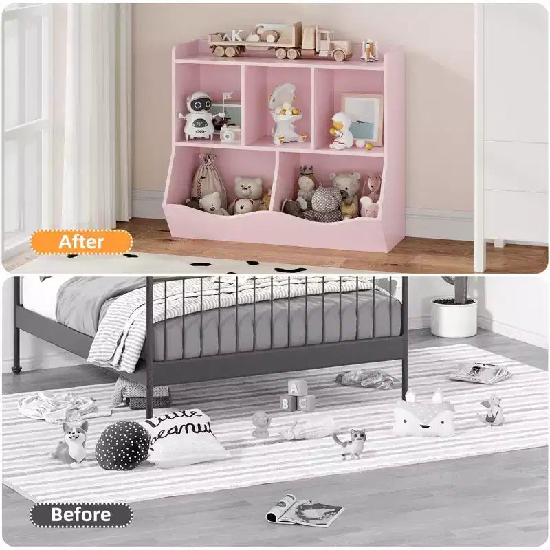 Étagère à Livres et Organisateur de Jouets pour Enfants à 2 Niveaux - Meuble de Rangement en Bois pour Salle de Jeux, Chambre d'Enfant, Chambre à Coucher (Étagère à Livres et Jouets pour Tout-Petits)