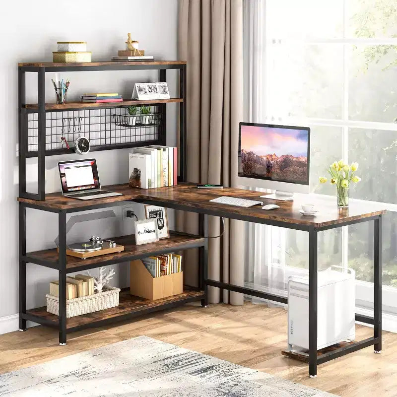Lantine L-Shaped Computer Desk 55 Inch Reversible Office Desk Study Writing Table with Wireless Charging and Bookshelf for Home Office, Brown