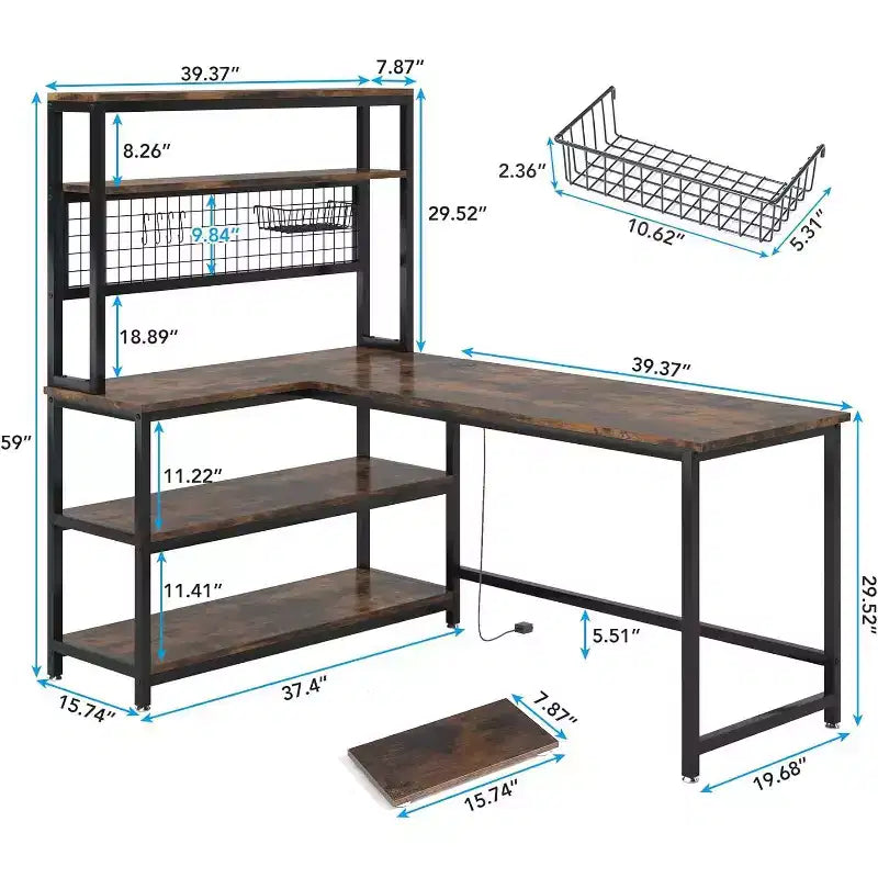 Bureau d'ordinateur en forme de L de 140 cm, bureau réversible avec chargement sans fil et étagère pour bureau à domicile, marron
