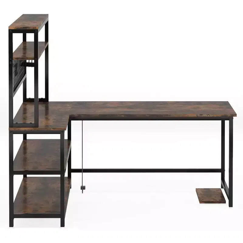 Bureau d'ordinateur en forme de L de 140 cm, bureau réversible avec chargement sans fil et étagère pour bureau à domicile, marron