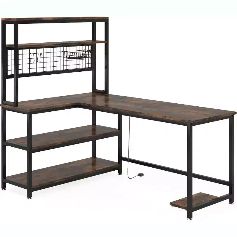 Bureau d'ordinateur en forme de L de 140 cm, bureau réversible avec chargement sans fil et étagère pour bureau à domicile, marron
