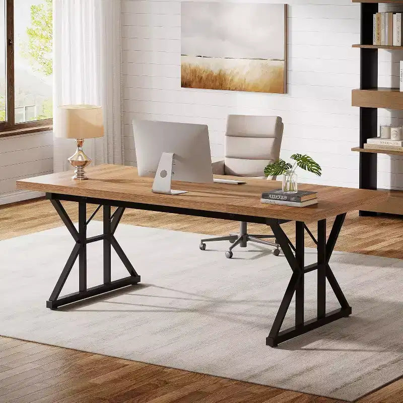 Lantine 70.86-Inch Large Executive Desk, Industrial Home Office Computer and Writing Study Table, Light Brown/Black