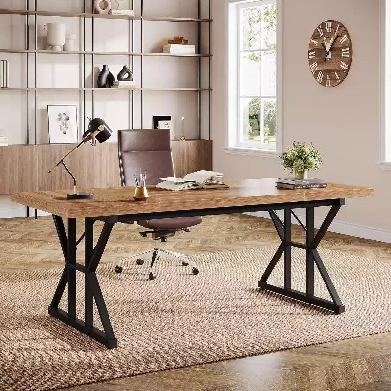 Grand bureau de direction de 70,86 pouces, table d'étude et d'écriture industrielle pour bureau à domicile, marron clair/noir