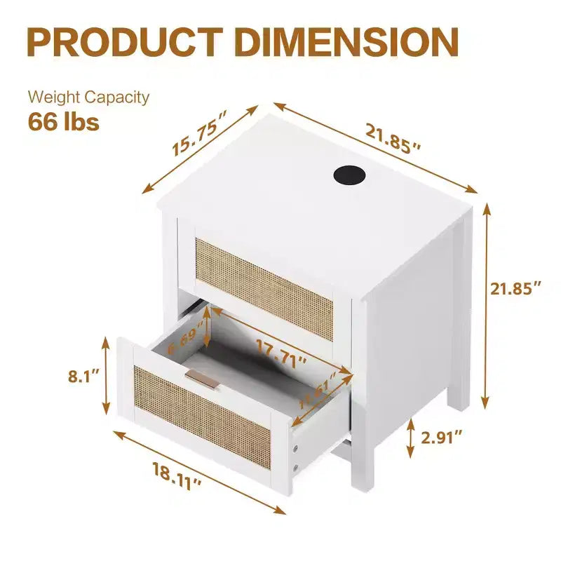 Tables de chevet en rotin avec station de recharge sans fil, tables d'appoint modernes du milieu du siècle avec 2 tiroirs tressés bohèmes, tables de chevet en bois