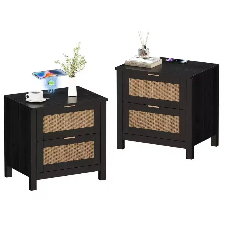 TYBOATLE Set of 2 Rattan Nightstands with Wireless Charging Station, Mid-Century Modern End Tables with 2 Boho Woven Drawers, Wood Bedside Tables