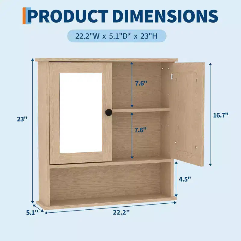 Armoire à pharmacie miroir de 22,2 pouces pour salle de bain, armoire de rangement murale au-dessus des toilettes avec étagère réglable, armoire en MDF étanche pour salle de bain