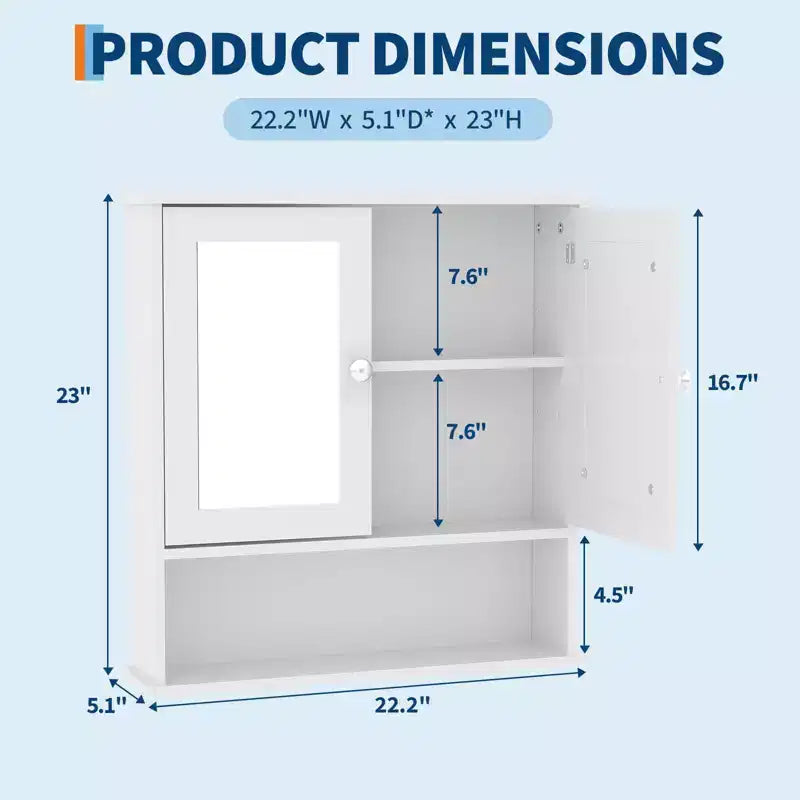 Armoire à pharmacie miroir de 22,2 pouces pour salle de bain, armoire de rangement murale au-dessus des toilettes avec étagère réglable, armoire en MDF étanche pour salle de bain