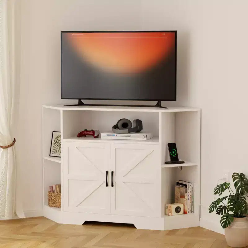 Corner TV Stand for TVs up to 55  Farmhouse Barn Door Media Console with Open Shelves & Storage Cabinet, White