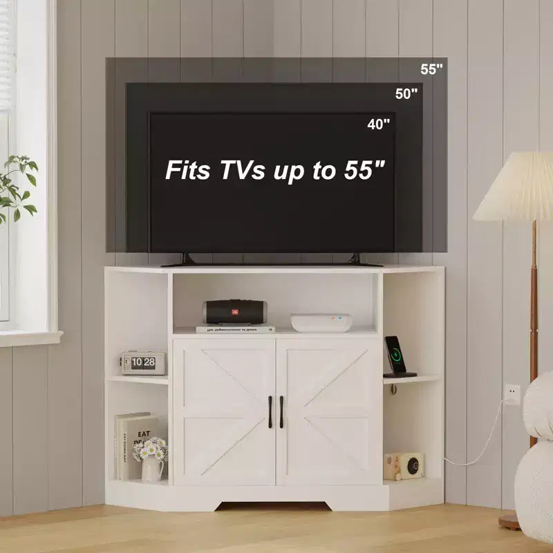 Meuble TV de ferme avec portes coulissantes, étagères ouvertes et placards de rangement