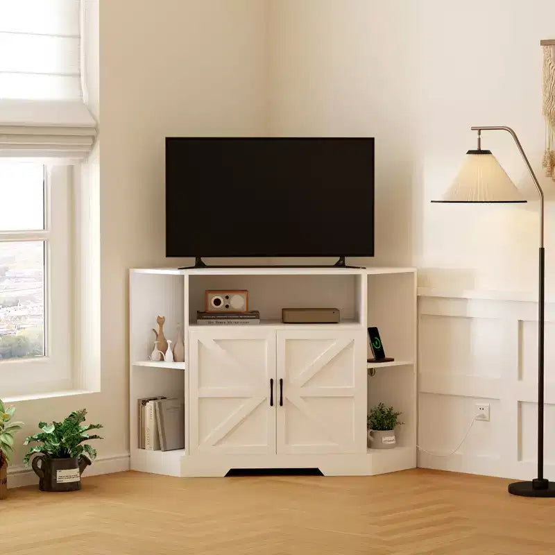 Meuble TV de ferme avec portes coulissantes, étagères ouvertes et placards de rangement