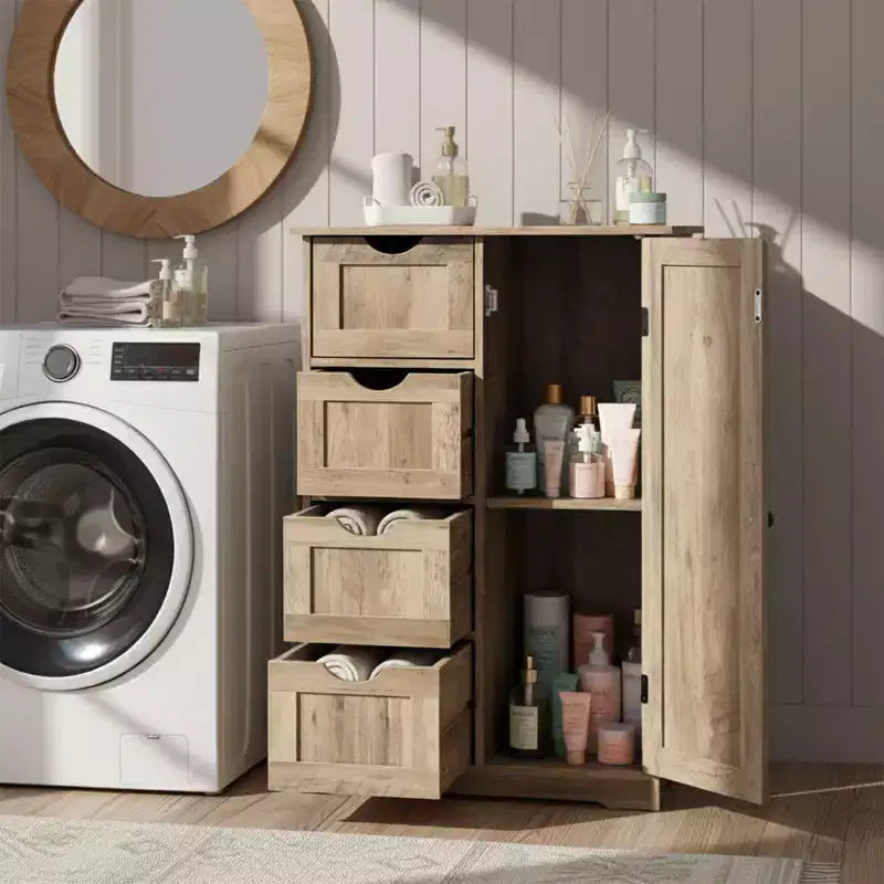 Meuble de Rangement de Salle de Bain Gris Lavé avec 4 Tiroirs et 1 Porte