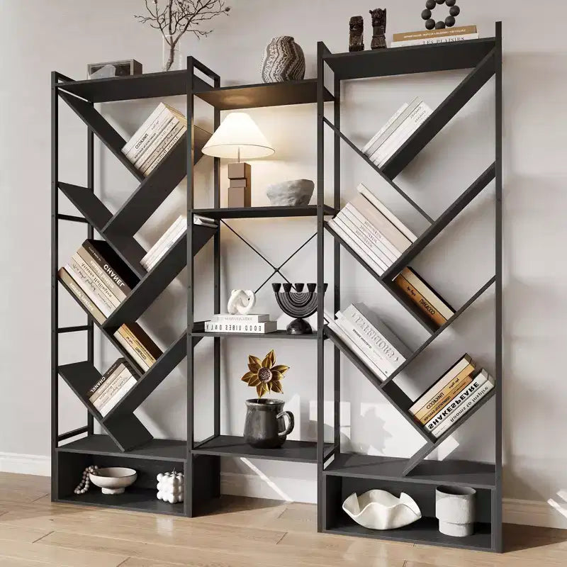 Triple 6 Tier Bookshelf, Large Bookcase Industrial Bookshelf with 24 Open Display Shelves, Industrial Tree Bookshelf, Wooden Tall Standing Bookshelf