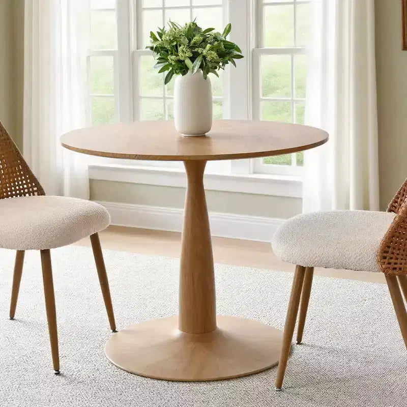 Table de salle à manger moderne ronde à pied central avec finition grain de bois