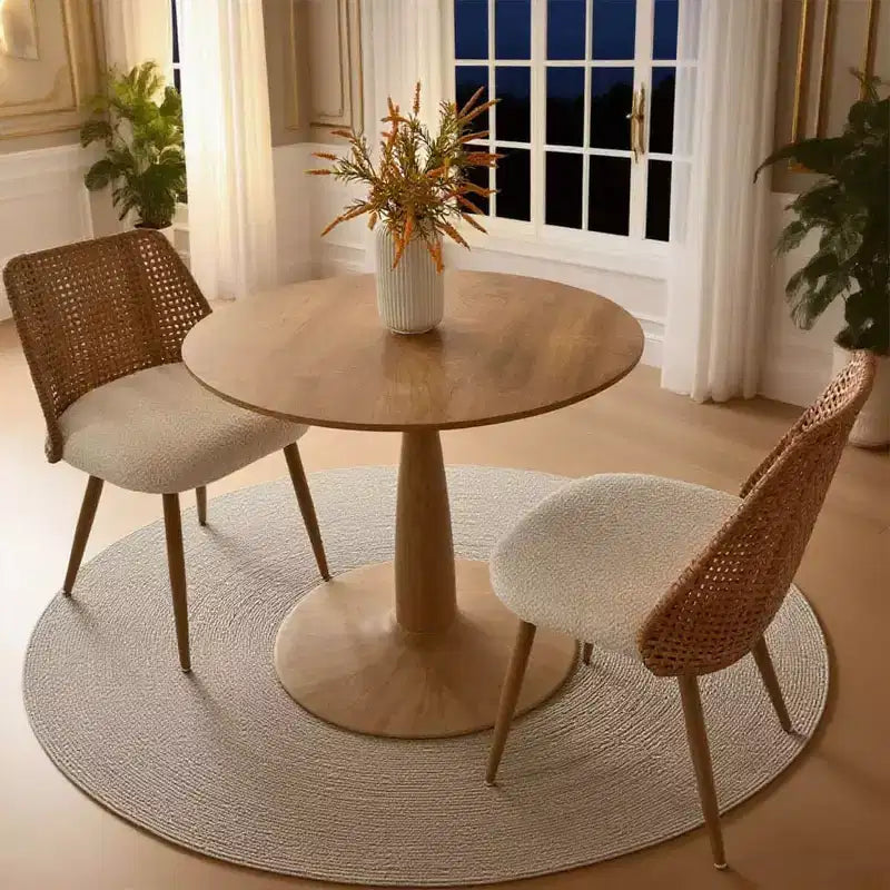 Table de salle à manger moderne ronde à pied central avec finition grain de bois