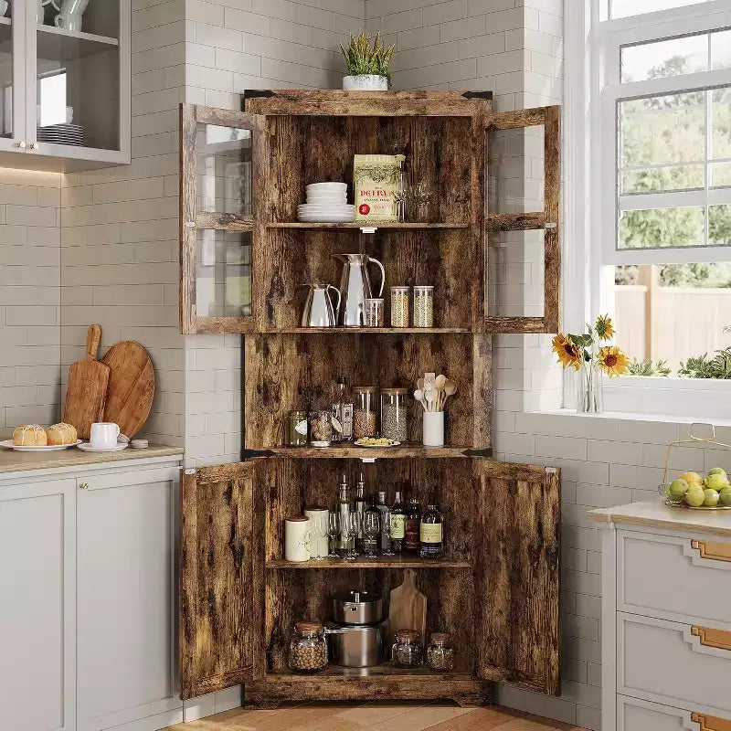 Meuble d'angle haut de 175 cm, Meuble de rangement d'angle style ferme, Rangement peu encombrant, Porte vitrée, Étagères réglables, pour Salon, Cuisine