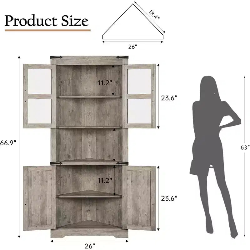 Meuble d'angle haut de 175 cm, Meuble de rangement d'angle style ferme, Rangement peu encombrant, Porte vitrée, Étagères réglables, pour Salon, Cuisine