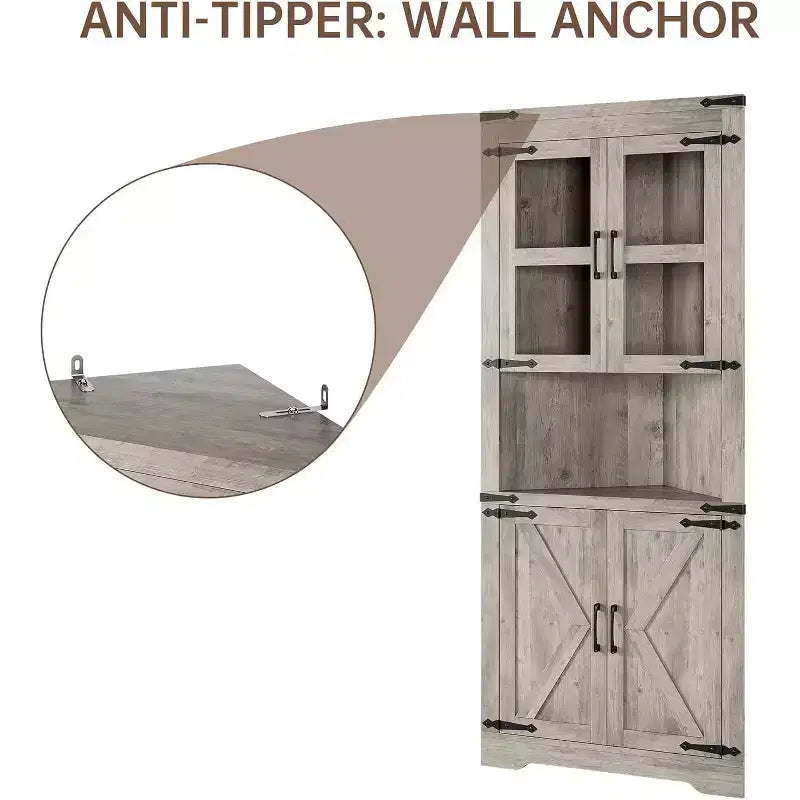 Meuble d'angle haut de 175 cm, Meuble de rangement d'angle style ferme, Rangement peu encombrant, Porte vitrée, Étagères réglables, pour Salon, Cuisine