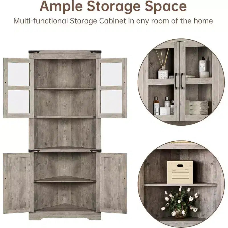 Meuble d'angle haut de 175 cm, Meuble de rangement d'angle style ferme, Rangement peu encombrant, Porte vitrée, Étagères réglables, pour Salon, Cuisine