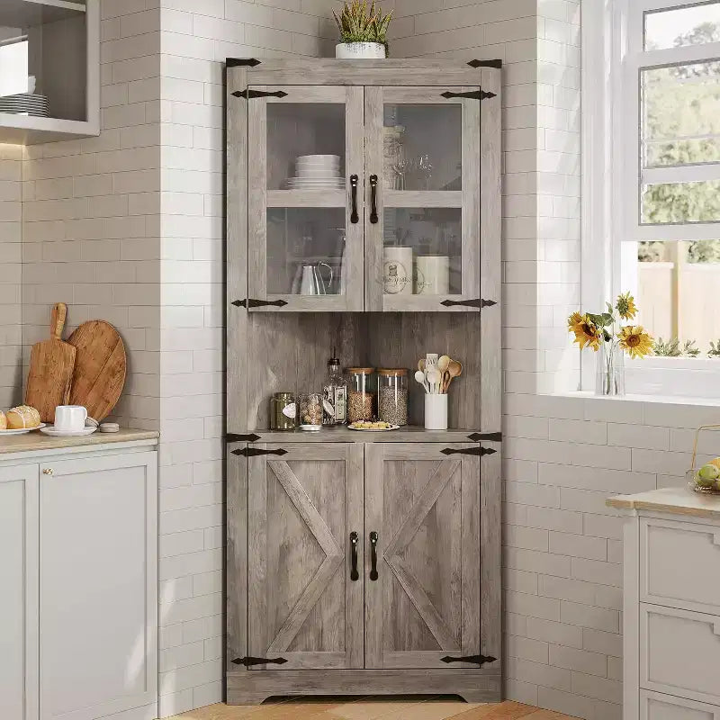Meuble d'angle haut de 175 cm, Meuble de rangement d'angle style ferme, Rangement peu encombrant, Porte vitrée, Étagères réglables, pour Salon, Cuisine