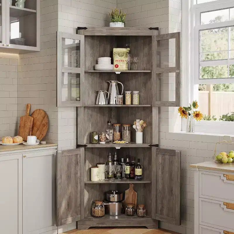 Meuble d'angle haut de 175 cm, Meuble de rangement d'angle style ferme, Rangement peu encombrant, Porte vitrée, Étagères réglables, pour Salon, Cuisine