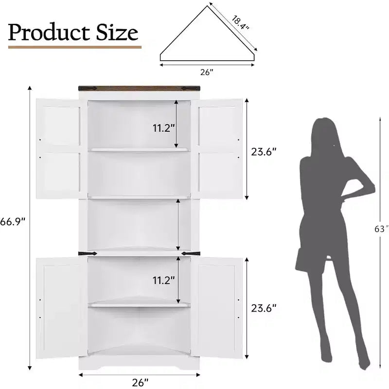 Meuble d'angle haut de 175 cm, Meuble de rangement d'angle style ferme, Rangement peu encombrant, Porte vitrée, Étagères réglables, pour Salon, Cuisine