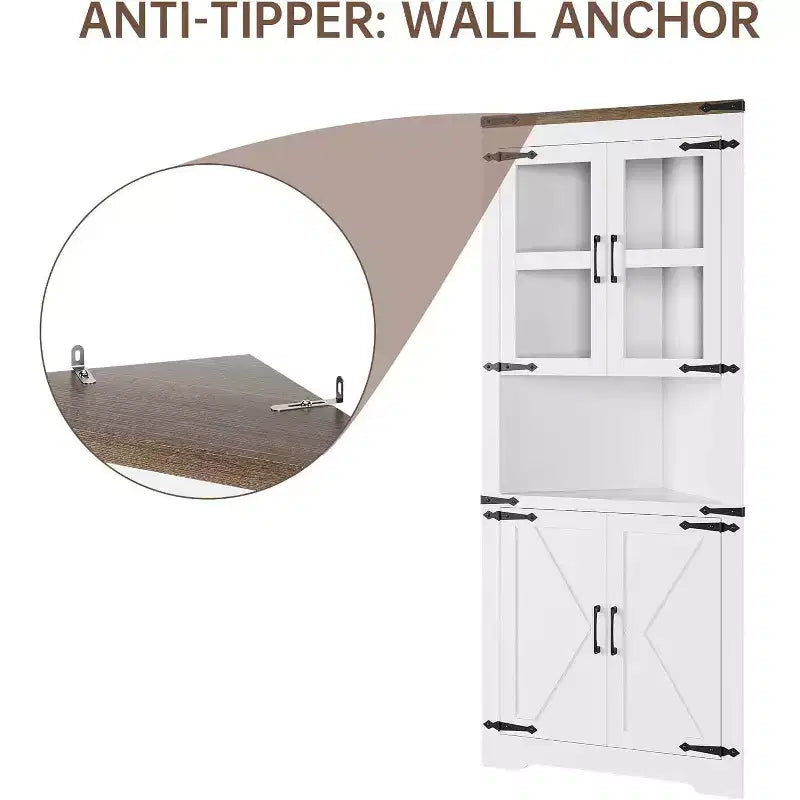 Meuble d'angle haut de 175 cm, Meuble de rangement d'angle style ferme, Rangement peu encombrant, Porte vitrée, Étagères réglables, pour Salon, Cuisine
