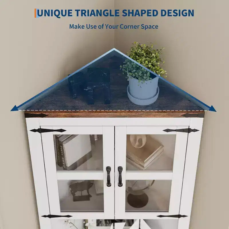 Meuble d'angle haut de 175 cm, Meuble de rangement d'angle style ferme, Rangement peu encombrant, Porte vitrée, Étagères réglables, pour Salon, Cuisine