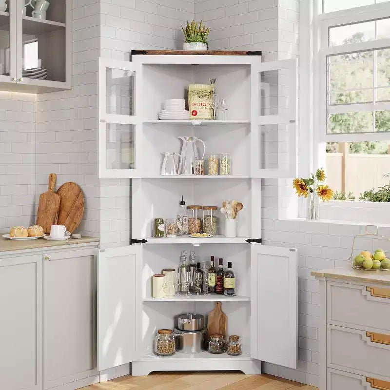 Meuble d'angle haut de 175 cm, Meuble de rangement d'angle style ferme, Rangement peu encombrant, Porte vitrée, Étagères réglables, pour Salon, Cuisine
