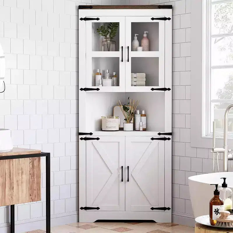 Meuble d'angle haut de 175 cm, Meuble de rangement d'angle style ferme, Rangement peu encombrant, Porte vitrée, Étagères réglables, pour Salon, Cuisine